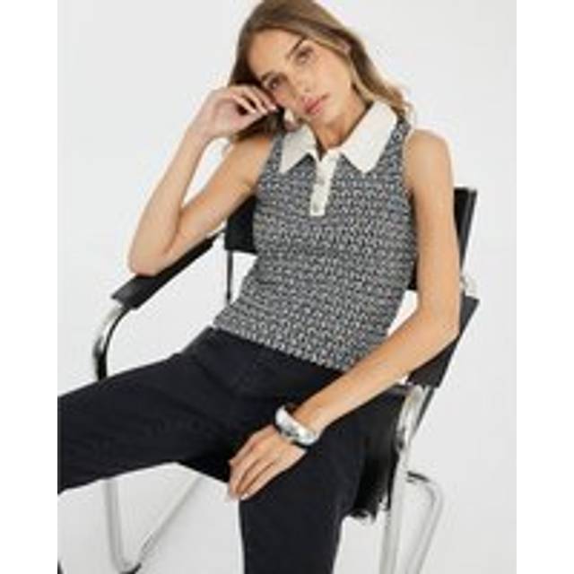 River Island Womens Black Sleeveless Boucle Polo Shirt