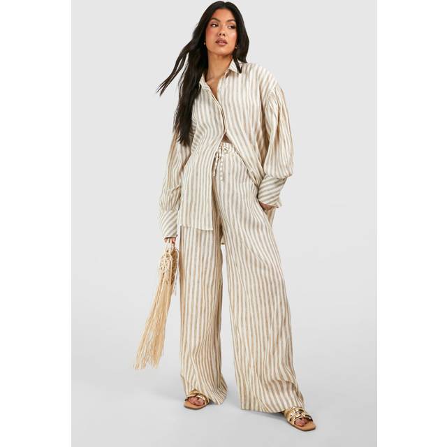 Womens Maternity Linen Look Stripe Straight Leg Trouser - Beige - 10, Beige