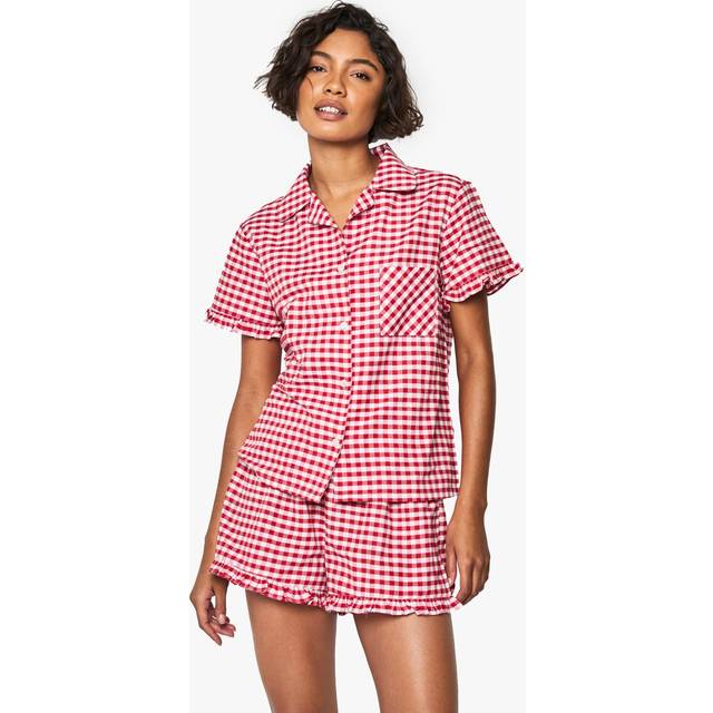 Womens Tall Gingham Cotton Poplin Ruffle Short Pyjama Set - Red - 10, Red