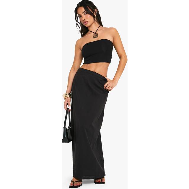 Womens Petite Linen Split Back Maxi Skirt - Black - 8, Black