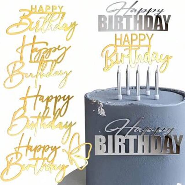 SHEIN 6PCS Acrylic Happy Birthday Cake Toppers, Side Mirror Acrylic Cake Topper, Cake Decorations Gold Cupcake Toppers, Cake Decorating Supplies Kit DIY Cak