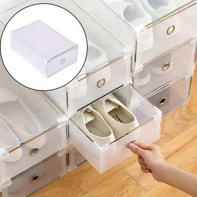 TEMU 10pcs Clear Shoe Boxes Foldable Shoe Organiser Plastic Shoe Storage Box Transparent Drawer Stackable Storage X 20 X 11cm For Shoes File Dress Or Toys Storage