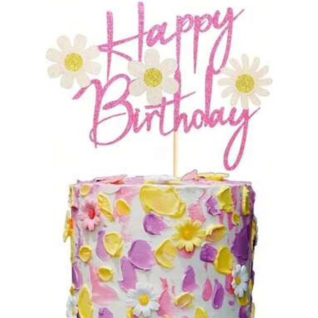 SHEIN 1pc Daisy Flower Happy Birthday Cake Topper, Pink Dasiy Flowers Cake Decor, Summer Chrysanthemum Daisy Birthday Party Supplies, White Daisy Flower The