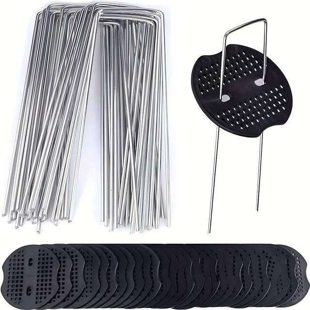 TEMU 50 Control Membrane Nails With 50 Cushion Washers, U-shaped Mat Nails, Metal Garden Nails For Net Suction Control Fabric Fixing Ground Nails Artificial Grass Nails