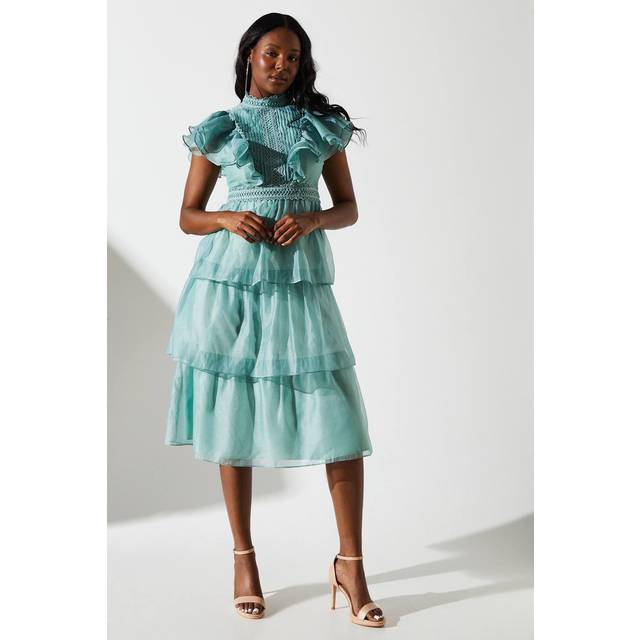Organza Tiered Lace Trim Dress - Mint - Green - 10