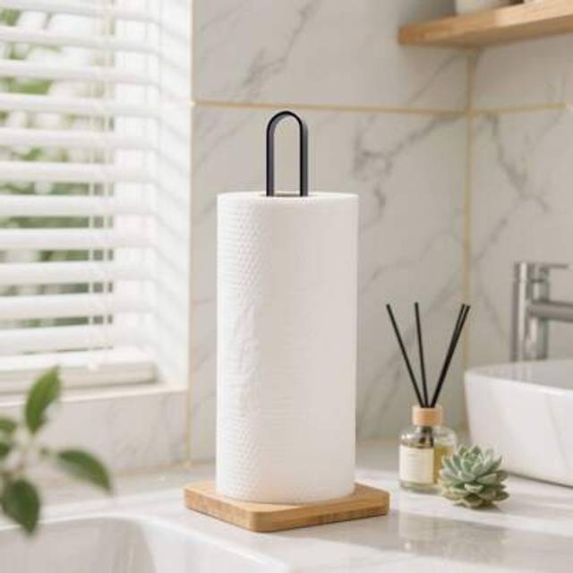 SHEIN 1pc Square Bamboo Paper Towel Holder, Black/White Kitchen Roll Paper Dispenser For Organizing Kitchen Rolls