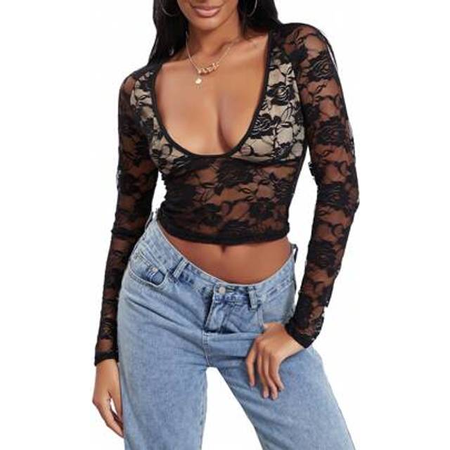 SHEIN Women&#39;s Summer Lace Floral Crop Tops Long Sleeve Low Cut Sheer Slim T-Shirts Clubwear