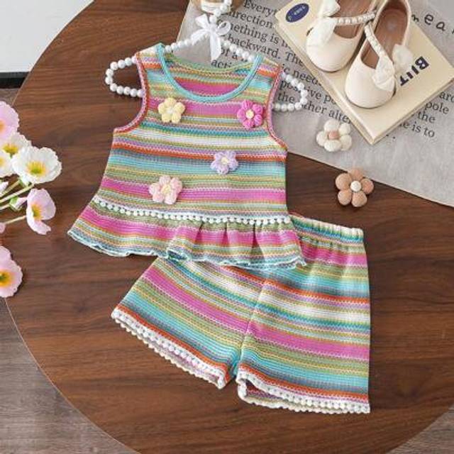 SHEIN Toddler Girls Floral & Striped Pattern Vest Top And Ruffle Hem Shorts Suit, Elegant Everyday Outfit