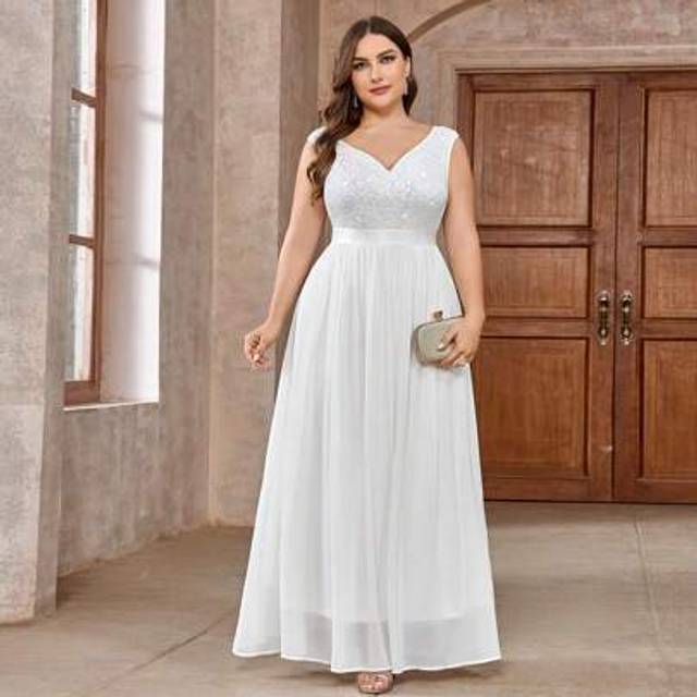 SHEIN Plus Sequin Lace Ribbon Waist Contrast Chiffon Wedding Formal Party Long Dress ,White Elegant Bridal Dress,Bride