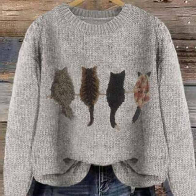 SHEIN Colorblock Cat Print Loose Casual Knit Pullover Sweater