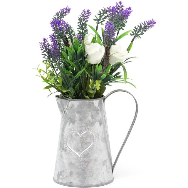 Artificial ivory rose and lavendar in metal heart jug floral arrangement display