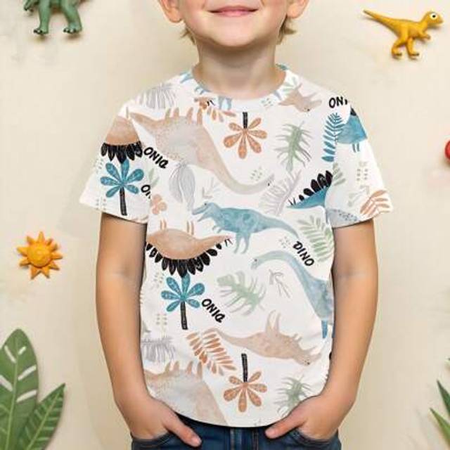 SHEIN Young Boy Dinosaur Print Round Neck Short Sleeve Tee, Fashionable For Summer