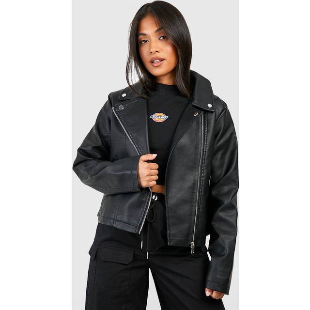 Womens Petite Faux Leather Biker Jacket - Black - 10, Black