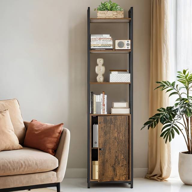 TEMU 6-tier Bookcase, Tall Bookshelf With Door, Adjustable Shelves, Living Room Bedroom, Rustic Brown And Black