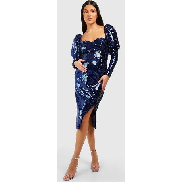 Womens Maternity Sequin Puff Sleeve Dress - Blue - 12, Blue