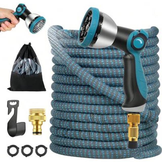 SHEIN Garden Hoses, Expandable Garden Hose Pipe With 10 Spray Pattern Nozzle & Solid Brass Connectors,Strength Fabric 3750D,Water Spray Gun Watering Long Ho