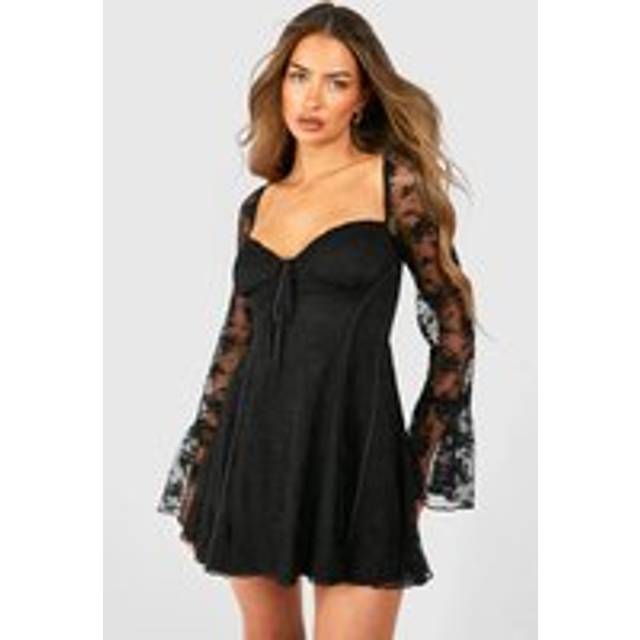 Womens Lace Baby Doll Flare Sleeve Mini Dress - Black - 18