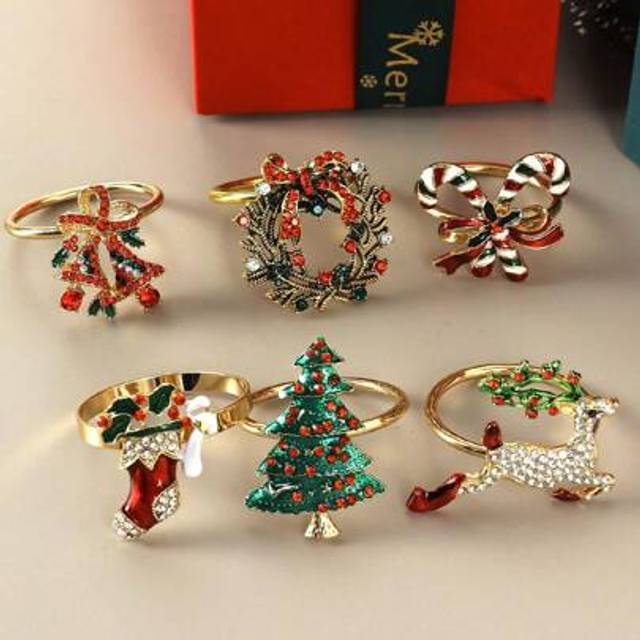 SHEIN 6pcs, Christmas Set Napkin Rings, Table Christmas Decoration Napkin Clasps, Christmas Tree, Bells, Boots, Fawns, Antique Gold Wreaths, Walking Stick N
