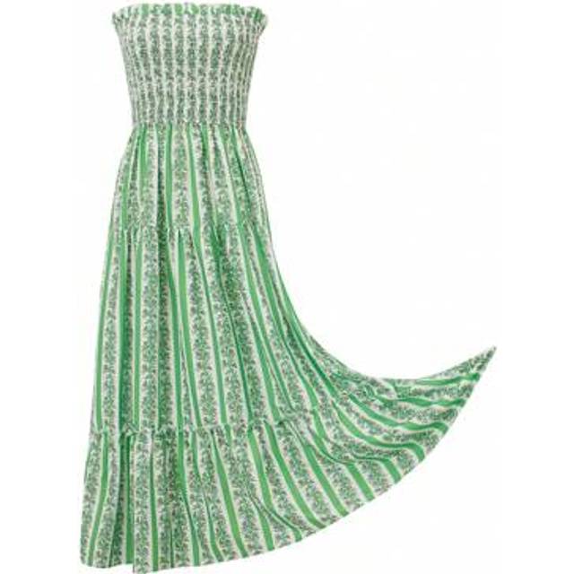 SHEIN Strapless Maxi Dress For Women Summer Beach Ruffled Trim Flower Plant Pattern Sleeveless Tube Smocked Long Dress