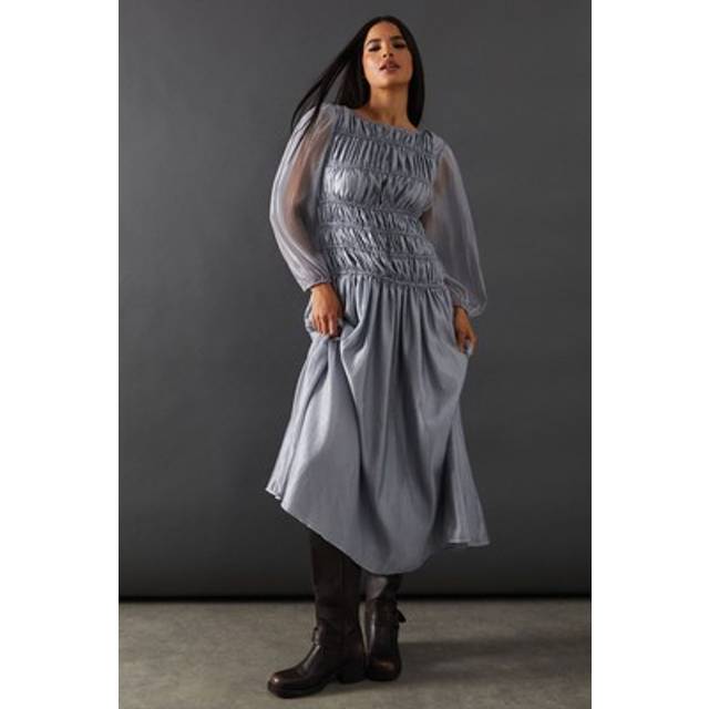 Womens Shirred Chiffon Panel Bodice Midi Dress - Grey - 12