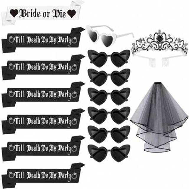 SHEIN 1/7/16pcs Bridal Or Bachelorette Party Decorations Till Death Party Favors Including Heart Shaped Sunglasses, Belt, Crown Veil Can Be Used As Wedding