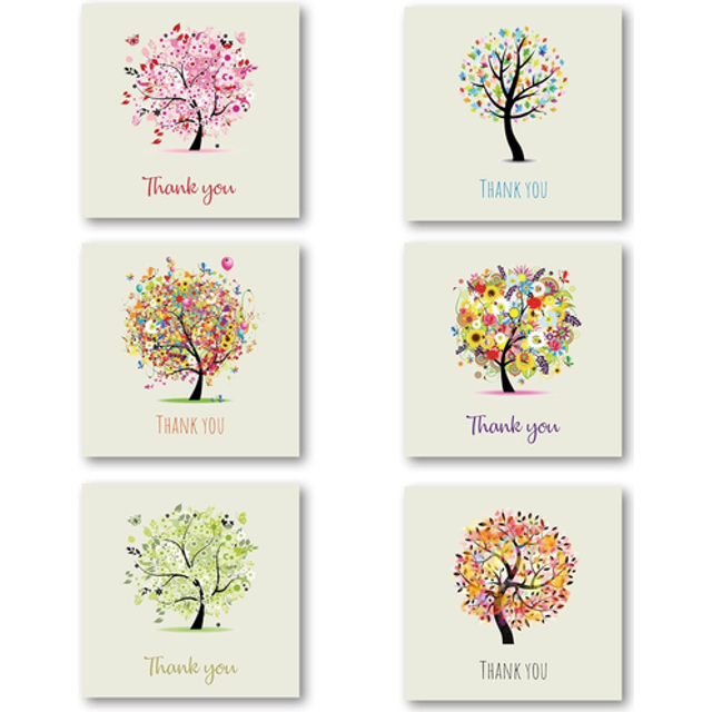 Thank You Cards Multipack of 24. Each Greeting Cards Pack includes 6 Tree designs. 115 x 115mm. Blank Inside. Envelopes included. Made in UK.