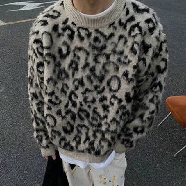 SHEIN Vintage High-Street Leopard Print Colorblock Fuzzy Loose Knit Sweater Crew Neck For Men, Autumn Winter
