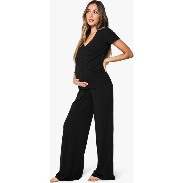 Womens Maternity Soft Rib Wrap Top & Trouser Lounge Set - Black - 16, Black