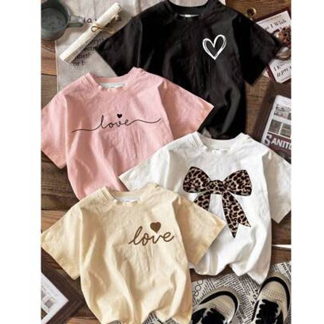 SHEIN 4pcs/Set Young Girl Cute Heart, Leopard Bow Print Casual Simple Round Neck Short Sleeve Basic T-Shirt, Suitable For Spring & Summer