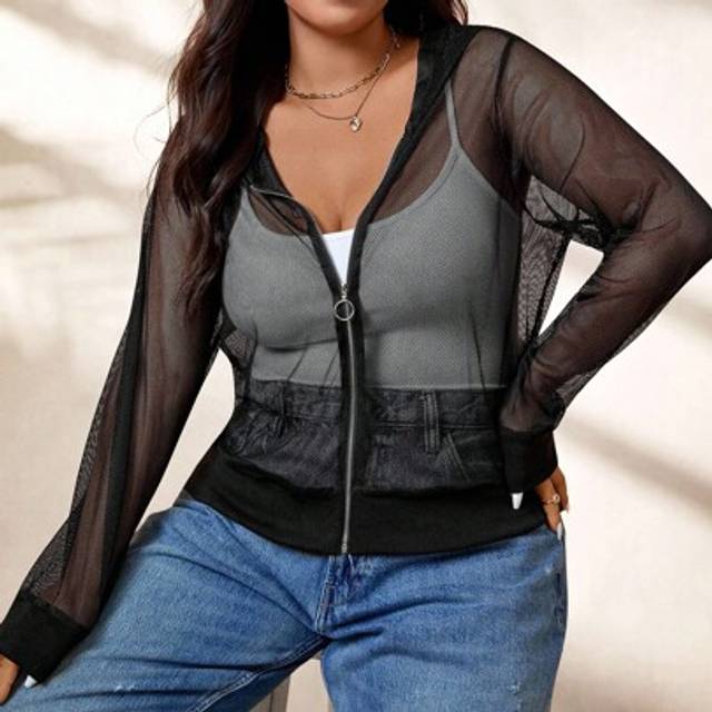 Calvaya Plus Size Women Casual See-Through Mesh Zip Up Jacket
