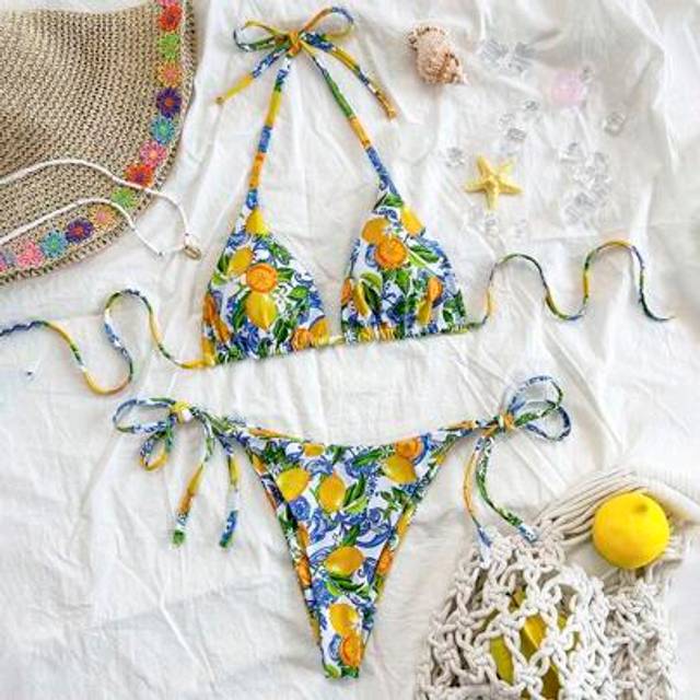 Soleia Women&#39;s Lemon Fruit Print Tie-Up Bikini Two Pieces Set, Swim Suits For Women, Vacation Outfit Women, Summer Outfits For Women, Beach Outfits For Women