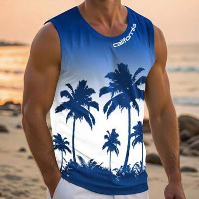 SHEIN Ombre Gradient Full Print Round Neck Casual Tank Top, Summer Mens Beach Tank Top Mens Tank Tops Vacation Mens Palm Tree Tank Top Men Tank Tops Graphic