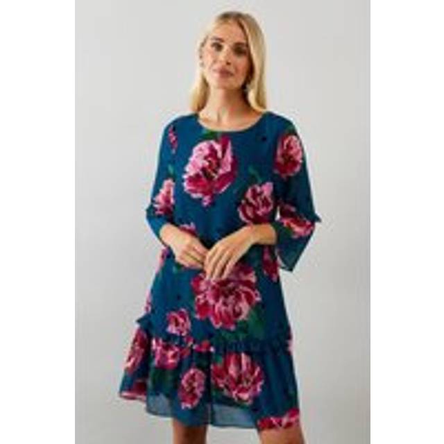 Womens Petite Floral Ruffle Sleeve Drop Hem Shift Dress - Green - 10