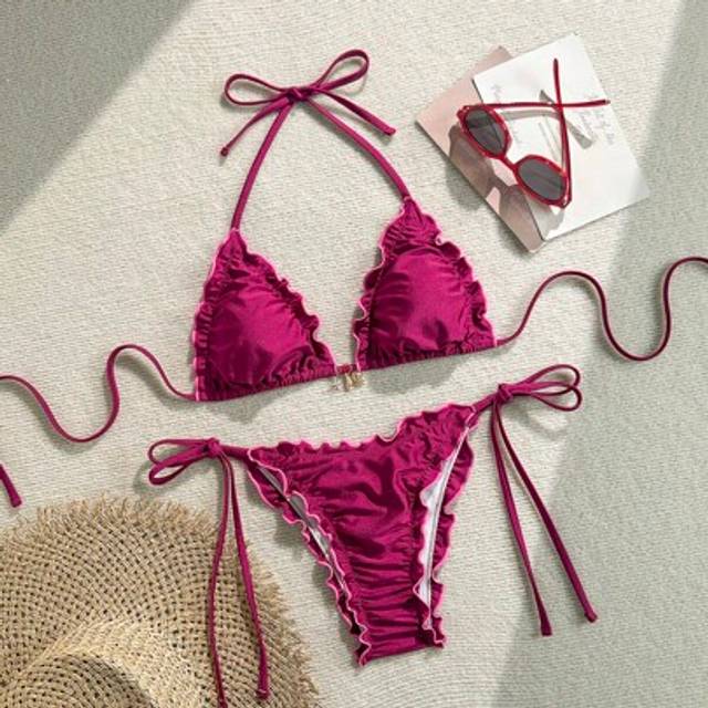 SHEIN 2pcs/Set Summer Vacation Metallic Solid Color Starfish, Seashell Embellished Halter Ruffle Triangle Bra And Side Tie Swimwear Bottoms Sexy Bikini Set