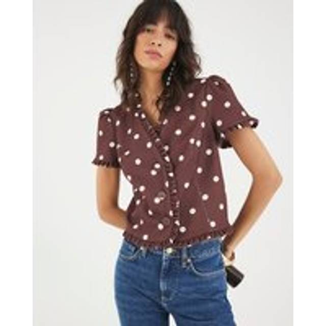 River Island Womens Brown Polka Dot Frill Trim Tailored Top - 16