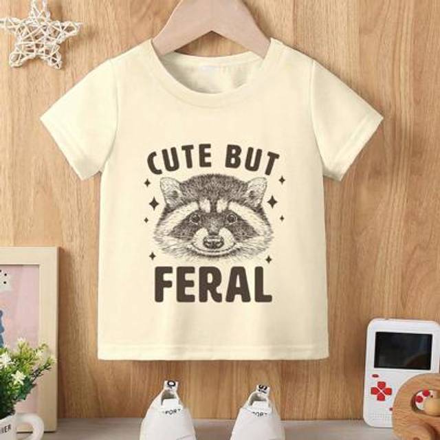 SHEIN Baby BoyCasual Stylish Cute Cartoon Raccoon And &#34;CUTE BUT FERAL&#34; Letter Graphic Round Neck Fitted Short Sleeve T-Shirt, Discontinued