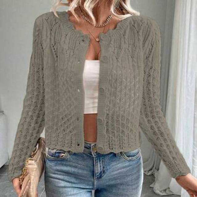 Chiquease Women&#39;s Round Neck Hollow Front Button Cardigan, Knitted Sweater Jacket For Autumn/Winter