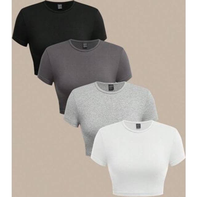 SHEIN 4pcs/Set Casual Plain Knit Round Neck Short Sleeve Fitted Cropped Women T-Shirts