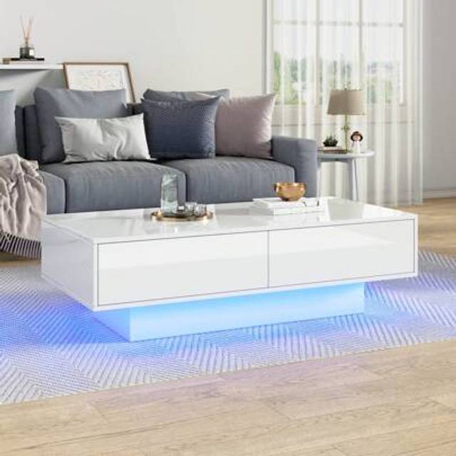 SHEIN Flieks Coffee Table With Storage, White High Gloss Coffee Table With 16 Colors LED Lights, Coffee Table With 2 Drawers, Rectangular Table For Office,