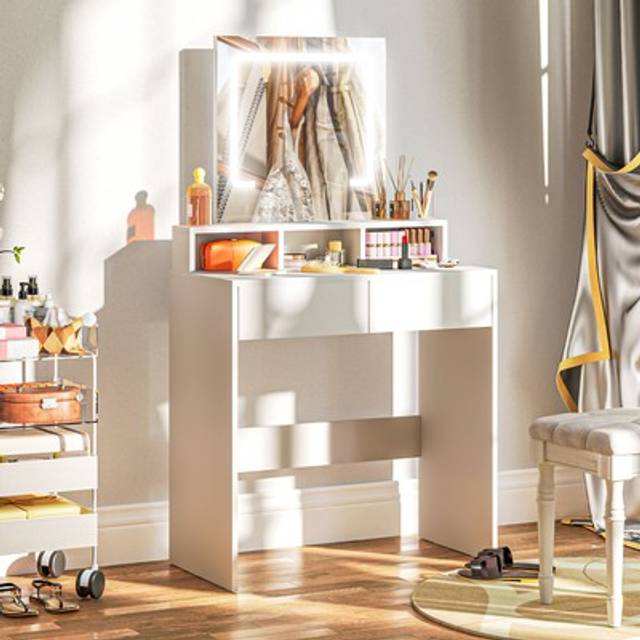 Vanity Desk With Mirror And Led Lights, Dressing Table With Drawers, White
