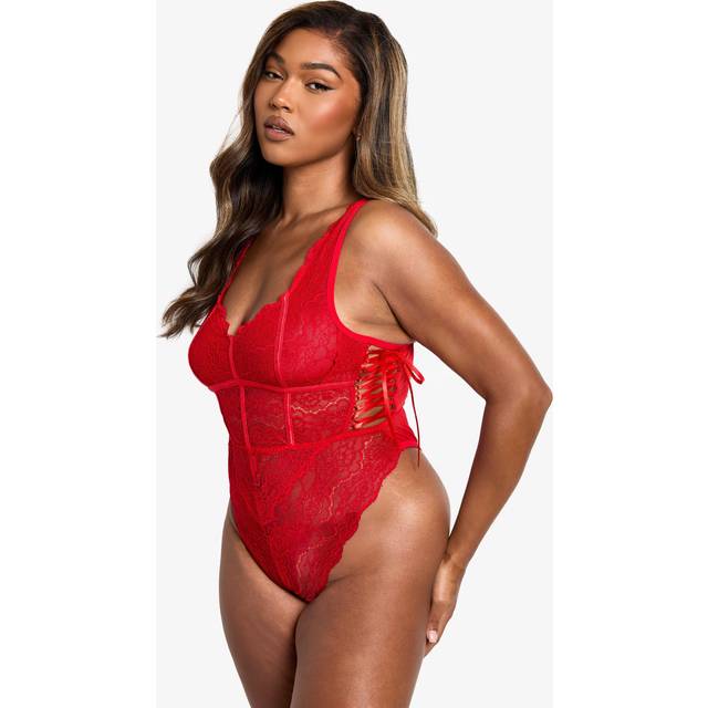 Womens Plus Lace Bodice Detail Lace Up Bodysuit - Red - 28, Red