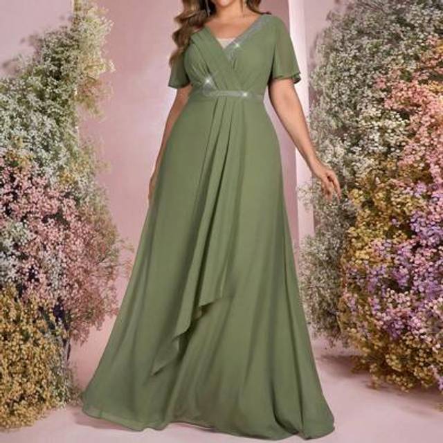 SHEIN Plus Size Green Elegant Romantic Bridesmaid Dress With Ruched Sleeves, V-Neck, Crystal Embellishments, Pleated Fabric