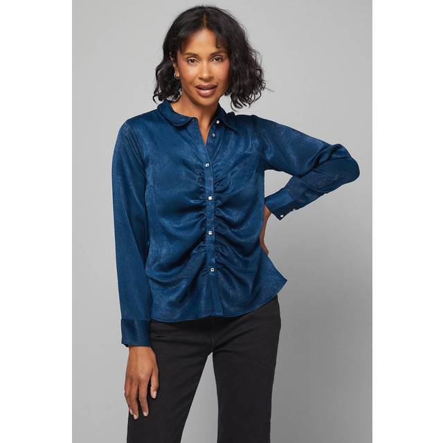 Womens Hammered Satin Ruched Shirt - Navy - 10