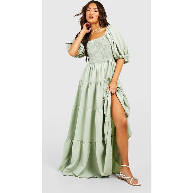 Womens Extreme Puff Sleeve Shirred Maxi Smock Dress - Green - 16, Green