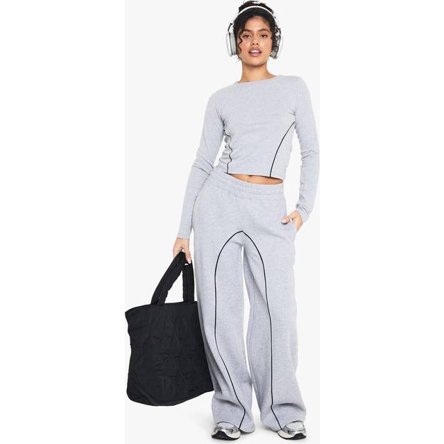 Womens Contrast Piping Detail Wide Leg Jogger - Grey - S