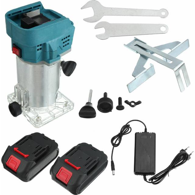 (Two Batteries) 6.35mm Cordless Electric Trimmer Compact Palm Router Corded Woodworking Trimming Edge Guide Wood