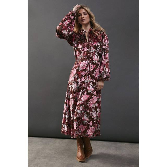 Womens Burnout Floral Velvet Frill Shoulder Tie Front Midi Dress - Multi - 10