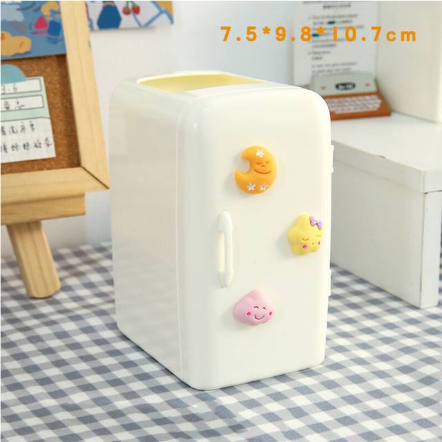 (White C) Cute Mini Fridge Pen Holder With Sticker Kawaii Plastic Creative Desk