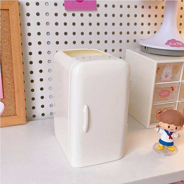 (White) Cute Mini Fridge Pen Holder With Sticker Kawaii Plastic Creative Desk