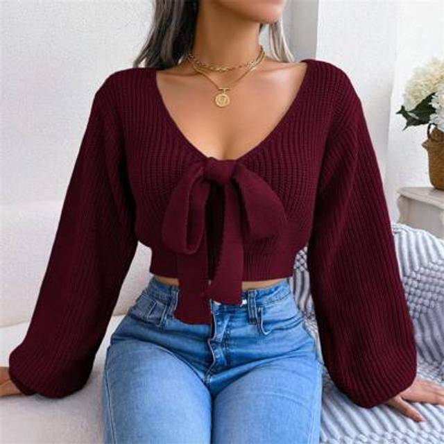 SHEIN Women&#39;s Fashion Bowknot V-Neck Lantern Sleeve Tie-Up Casual Cropped Long Sleeve Solid Color Sweater, Wine Red, Winter